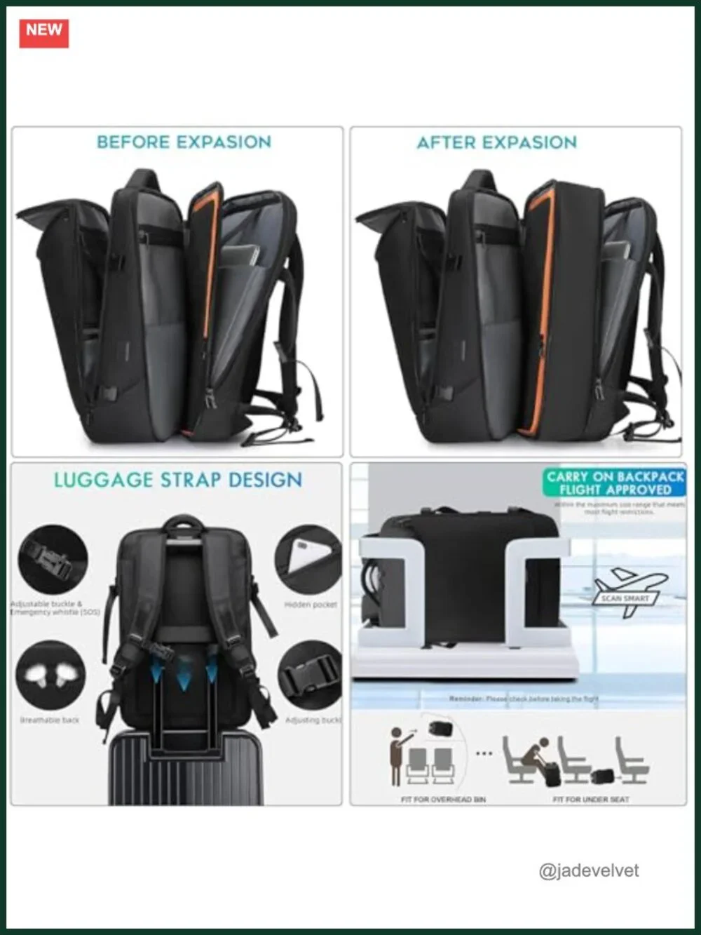 Expandable Travel Backpack 50L USB Charging Port Water Resistant Laptop Bag